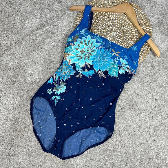 Roxanne Bra Sized Swimsuit One Piece Bathing Suit Floral Tropical Blue 10/34C - Picture 1 of 11